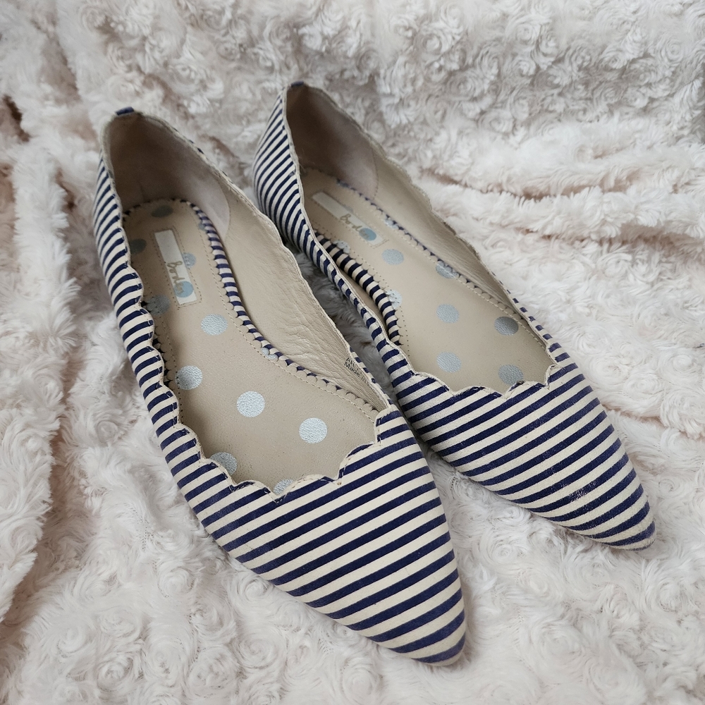 Boden Scalloped Blue and White Striped Pointed Toe Ballet Flats size 41.5, US 10